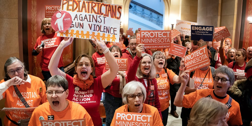 Mom's Demand Action demonstrate at the MN Capitol in favor of action on gun safety.